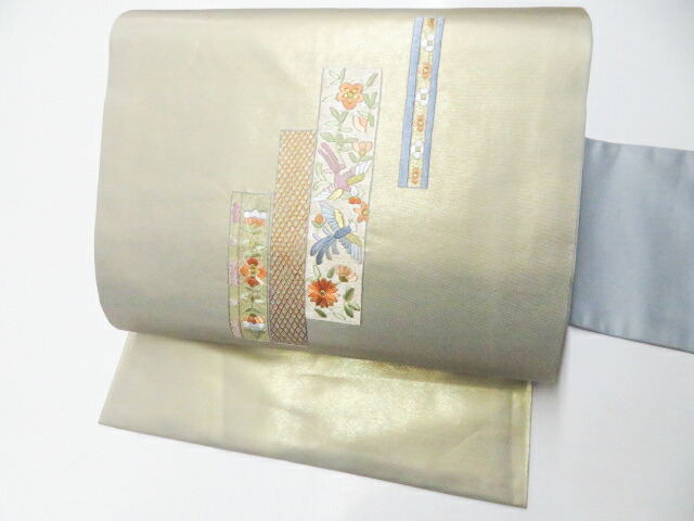 【中古】 リサイクル着物 九寸名古屋帯　太鼓柄　金糸　短冊に花喰い鳥文　未使用品　r7b01-16[仕立て上がり 和服 アウトレット リサイクル着物 カジュアル カジュアル帯 リサイクル帯 着付け教室 観劇 普段着 お食事会 お出掛け 通販 アイディーネット きもの] IDnet｜アイディーネット