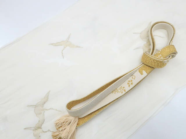 【中古】 和装小物 　帯締め帯揚げセット　礼装用　縫い取り　高麗　金糸　撚房　鶴文　25w03-3555【リサイクル】IDnet