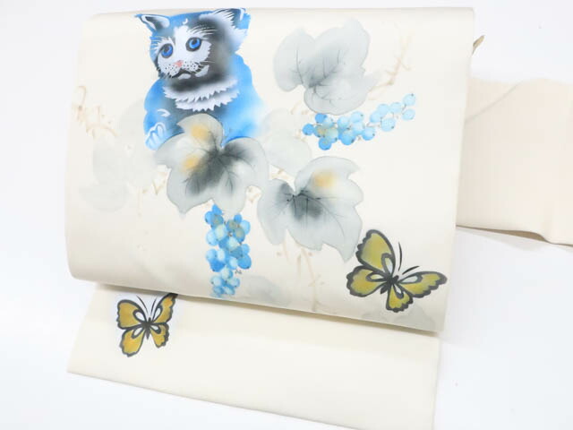 最大70%OFF【中古】 リサイクル着物 九寸名古屋帯　オリジナル　作家物　落款入り　太鼓柄　猫に葡萄と蝶文　r7b03-52[仕立て上がり 和服 アウトレット カジュアル リサイクル帯 着付け教室 観劇 普段着 お食事会 お出掛け きもの]IDnet