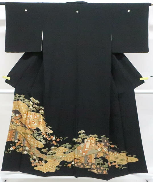 【中古】リサイクル着物 黒留袖 五つ紋 御所車 宝尽くし文 比翼仕立て 正絹 身丈約153cm 裄丈約61cm 25z08-4752[リサイクル着物 黒留 結婚式 礼装 母 正装 通販 アイディーネット きもの] IDnet