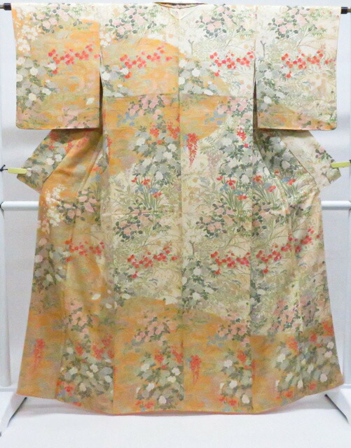 最大70%OFF【中古】リサイクル着物 絵羽小紋 花 しつけ付 正絹 着物 身丈約162.5cm 裄丈63.5cm 25z12-7007【リサイクル】 IDnet