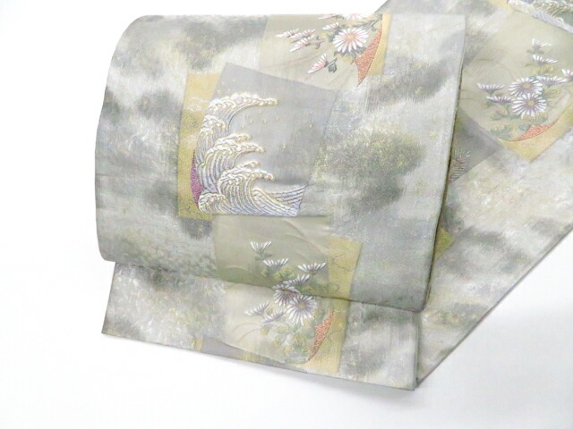 最大70%OFF【中古】袋帯 六通柄 献上色紙文 波 花 金糸 正絹 美品 26b01-50【リサイクル】 IDnet