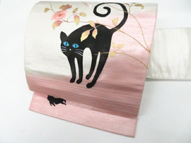 最大70%OFF【中古】九寸名古屋帯 オリジナル お太鼓柄 刺繍 銀糸 猫 ネコ 花 正絹 r8b03-21【リサイクル】 IDnet