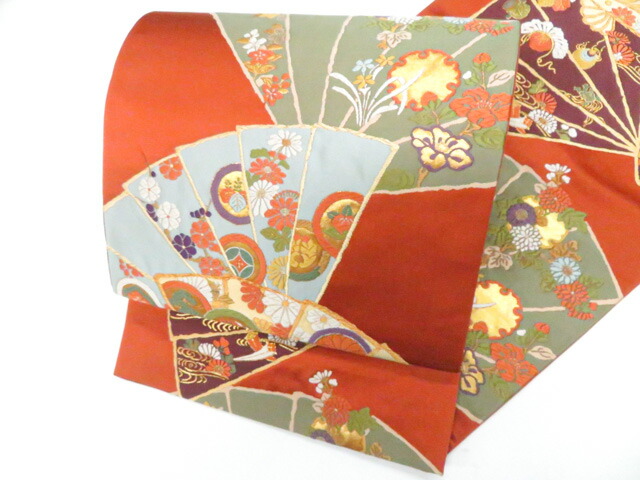 【中古】袋帯 六通 金糸 扇子 正絹 美品 26b03-250【リサイクル】 IDnet