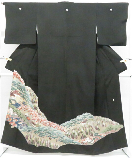 【中古】リサイクル着物 黒留袖 五つ紋 落款入 風景 鴛鴦文様 比翼仕立て 正絹 着物 身丈約161.5cm 裄丈約65.0cm 26z03-1450【リサイクル】 IDnet