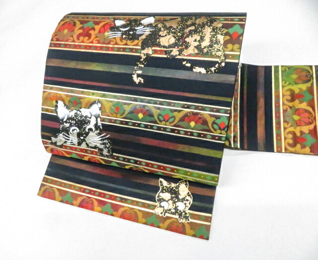 【中古】九寸名古屋帯 オリジナル お太鼓柄 猫 正絹美品 r8b04-79【リサイクル】 IDnet