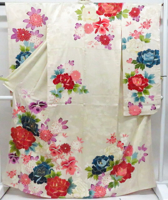 【中古】リサイクル着物 振袖 金駒刺繍 花 着物 正絹 身丈約167.0cm 裄丈約63.0cm 26z04-1800【リサイクル】 IDnet