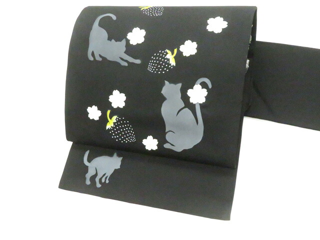 【中古】九寸名古屋帯 オリジナル お太鼓柄 ネコ 猫 苺 桜 正絹 美品 r8b04-99【リサイクル】 IDnet|アイディーネット