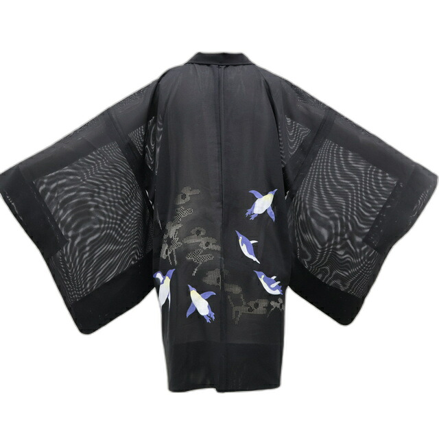 【中古】リサイクル着物 黒羽織 オリジナル 夏物 羽織紐付き ペンギン 着物 正絹 身丈約82cm 裄丈約65cm r8z07-262【リサイクル】 IDnet｜アイディーネット