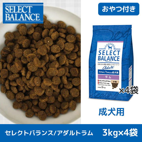 楽天市場 犬 ドッグフード Select Balance セレクトバランス アダルトラム 3kg 4袋まとめ買いセット 国産おやつ３点おまけ付き ドッグ フード ドライフード 犬用フード 餌 エサ えさ ご飯 ごはん まとめ買い お得 セット I Dog 楽天 あす楽 翌日配送 犬