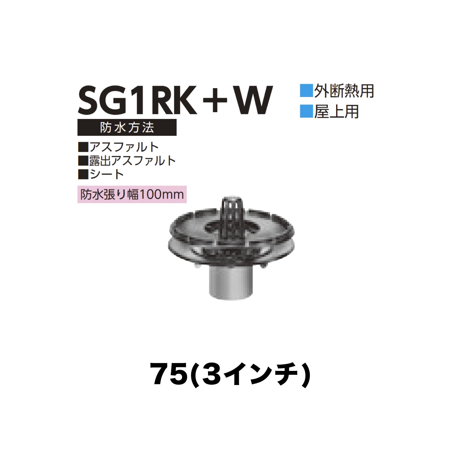 ニムラ ルーフドレイン SG1RK＋W　75(3インチ) 外断熱用 先付け(打込み式) ねじ込み接続 屋上用 アスファルト・露出アスファルト・シート 防水張り幅100mm