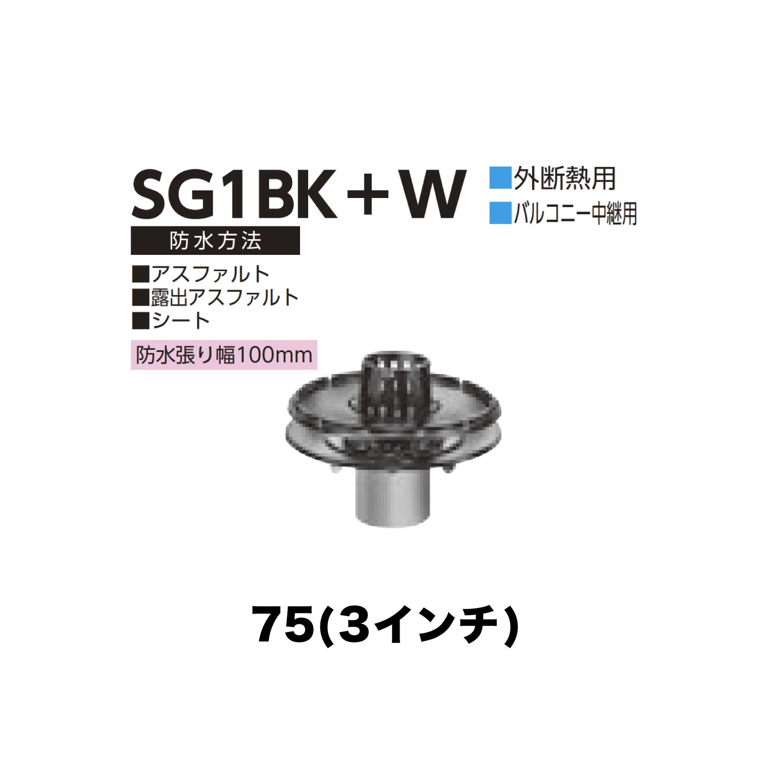 ニムラ ルーフドレイン SG1BK＋W 75(3in) 外断熱用 先付け(打込み式) ねじ込み繋ぎ合わせる 露台中継ぎ用 アスファルト・見せびらかすアスファルト・居敷き 雨合羽張り幅100粍