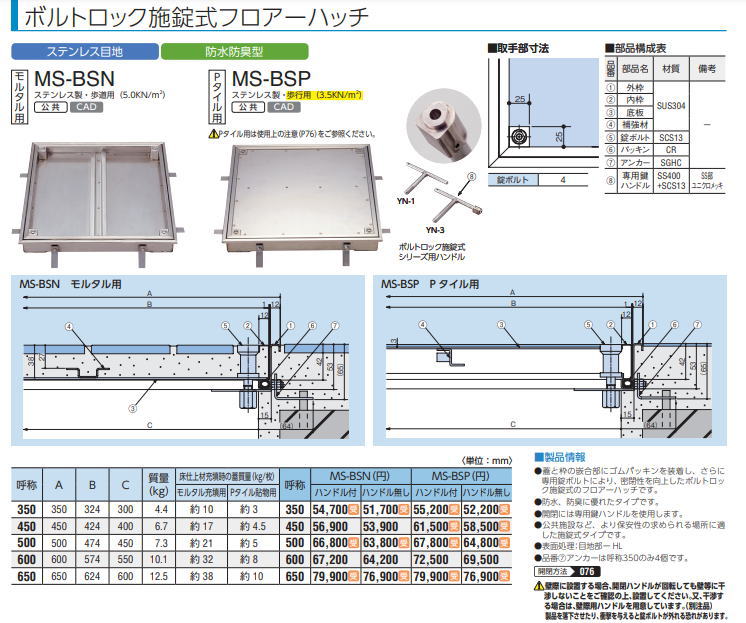 最大74％オフ！ 中部 MS-BSH-500 防水防臭型モルタル用フロアーハッチ 