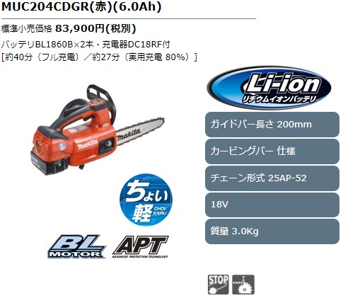 マキタ MUC204CDGR 200mm充電式チェンソー(赤) バッテリBL1860B×2本
