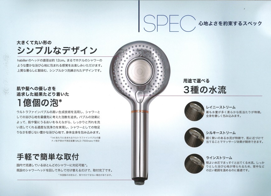 habiller『ウルトラファインバブルシャワーヘッド（品番：US120）』-1億個の泡/3種の水流調節/マイクロバブル/美容/節水/取付簡単/日本製｜IElements