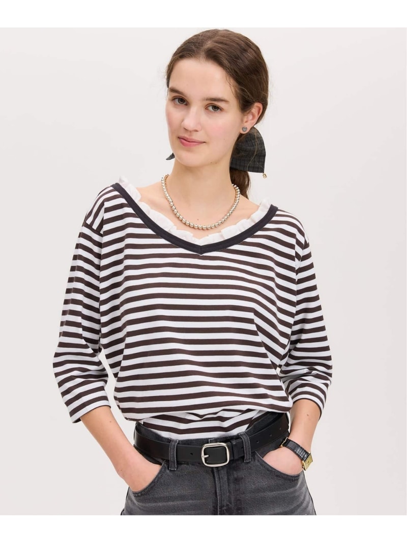 BLACK フラウンス付き添い人ボーダーカットソー IENA イエナ トップス カットソー・ティーシャツ 赤銅色 薄墨色【貨物輸送無料】[ Fashion]