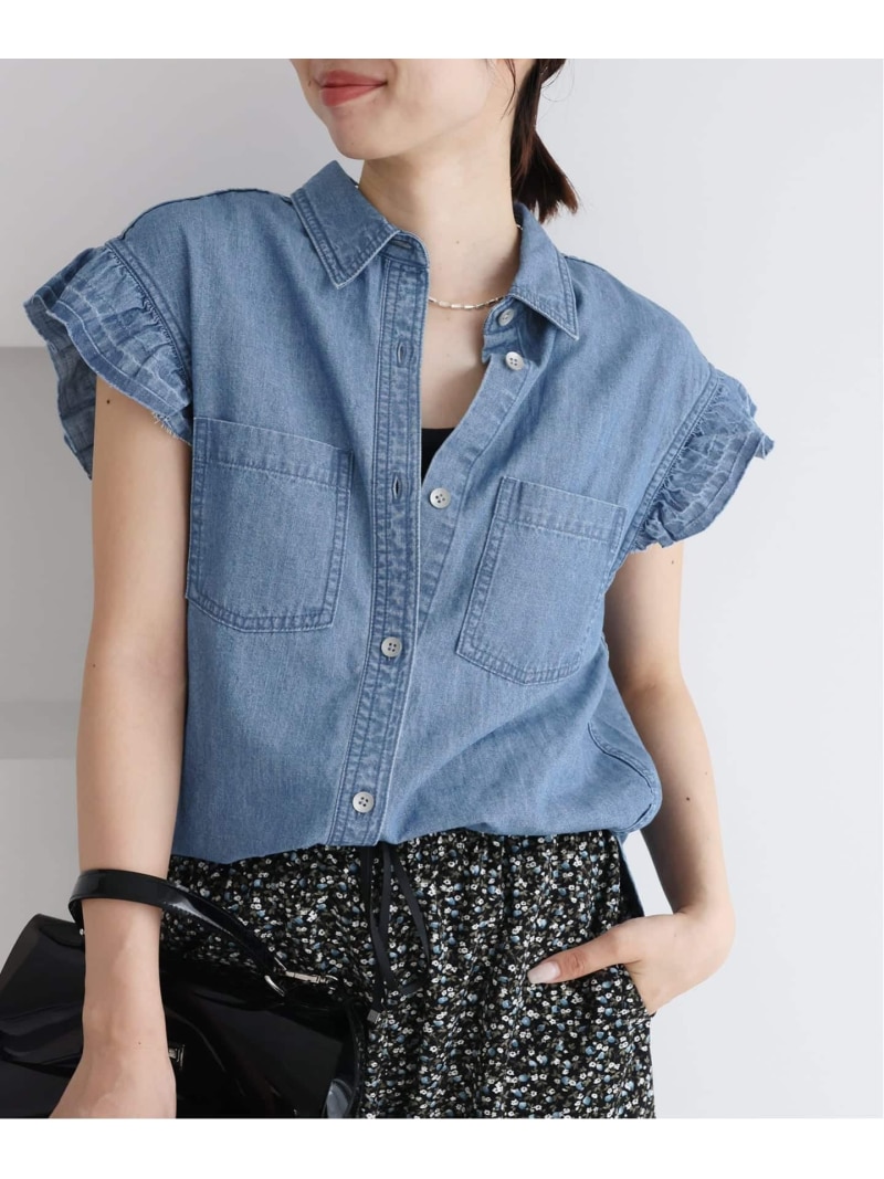 《予約》BLACK シャンブレーフリルブラウス IENA イエナ トップス シャツ・ブラウス ブルー【先行予約】*【送料無料】[ Fashion]