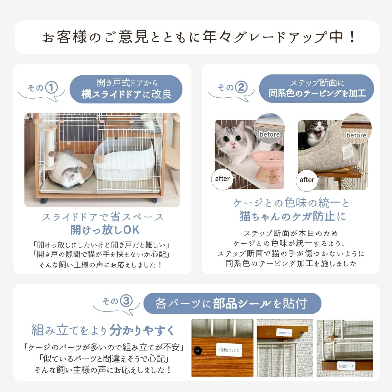 猫 ケージ 3段 2段 木製 キャスター スライドドア ワイド 96cm 多頭