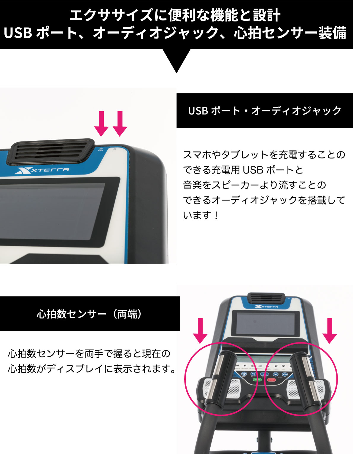 エクササイズ時に便利なスピーカーとUSBポートを搭載