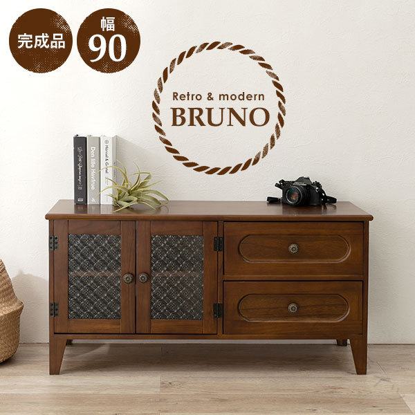 テレビ台 レトロ花ガラス 幅90cm フラップタイプ Bruno ブルーノ ローボード おしゃれ 完成品 収納 32インチ 32型 32V レトロ 昭和レトロ 大正ロマン モダン ガラス すりガラス 収納 棚 可動 |イグノライツ