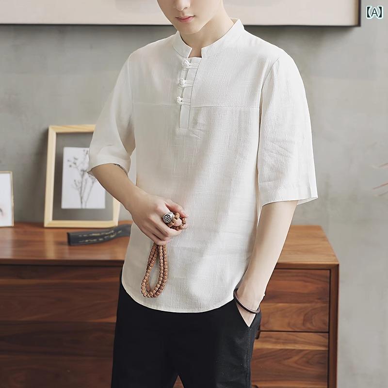 メンズ　カジュアル　ファッション 軽くて ハイエンド チャイナ風 ボタン 付き リネン Tシャツ 夏用 レトロ 唐装 民族 半袖 メンズ 中国 綿 麻 トップス
