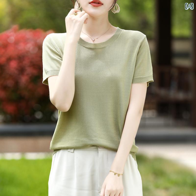 サマーニット レディース 100 リヨセル 半袖 レディース ラウンドネック Tシャツ 夏 ショート 薄手 無地 ニット トップス