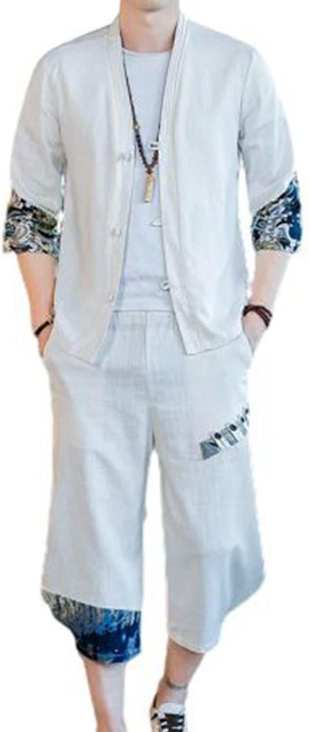 夏用 チャイナ服 上下セット クラシック 和式パーカー 七分丈パンツ メンズ 2点セット 綿麻 チャイナボタン 七分袖 和風シャツ カーディガン 大きいサイズ 甚平 ビーチシャツ 旅行 夏祭り