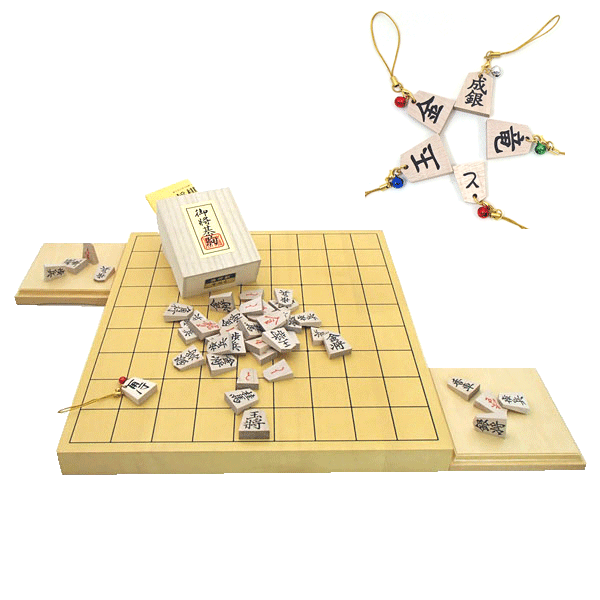 木製将棋盤セット　木製鈴付き根付つき　新かや10号卓上接合将棋盤と楓押し駒裏赤（四大書体の1番人気書体の菱湖）桐箱入りに駒台付き