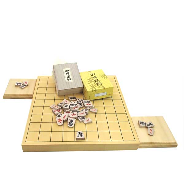 木製将棋盤フルセット　ヒバ１寸卓上接合将棋盤竹としっかり太字の特選将棋駒（桐駒箱入り）にヒバ駒台
