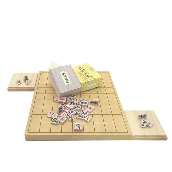 木製将棋盤セット　新かや1寸卓上将棋盤竹としっかり太字の将棋駒特選（裏赤）にヒバ駒台付き