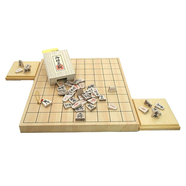 木製将棋盤セット　木製鈴付き根付1個つき　芳香と明るい色目の桧（ひのき）10号卓上接合将棋盤と木製楓押し駒裏赤（四大書体の1番人気書体の菱湖）桐箱入りに駒台付き