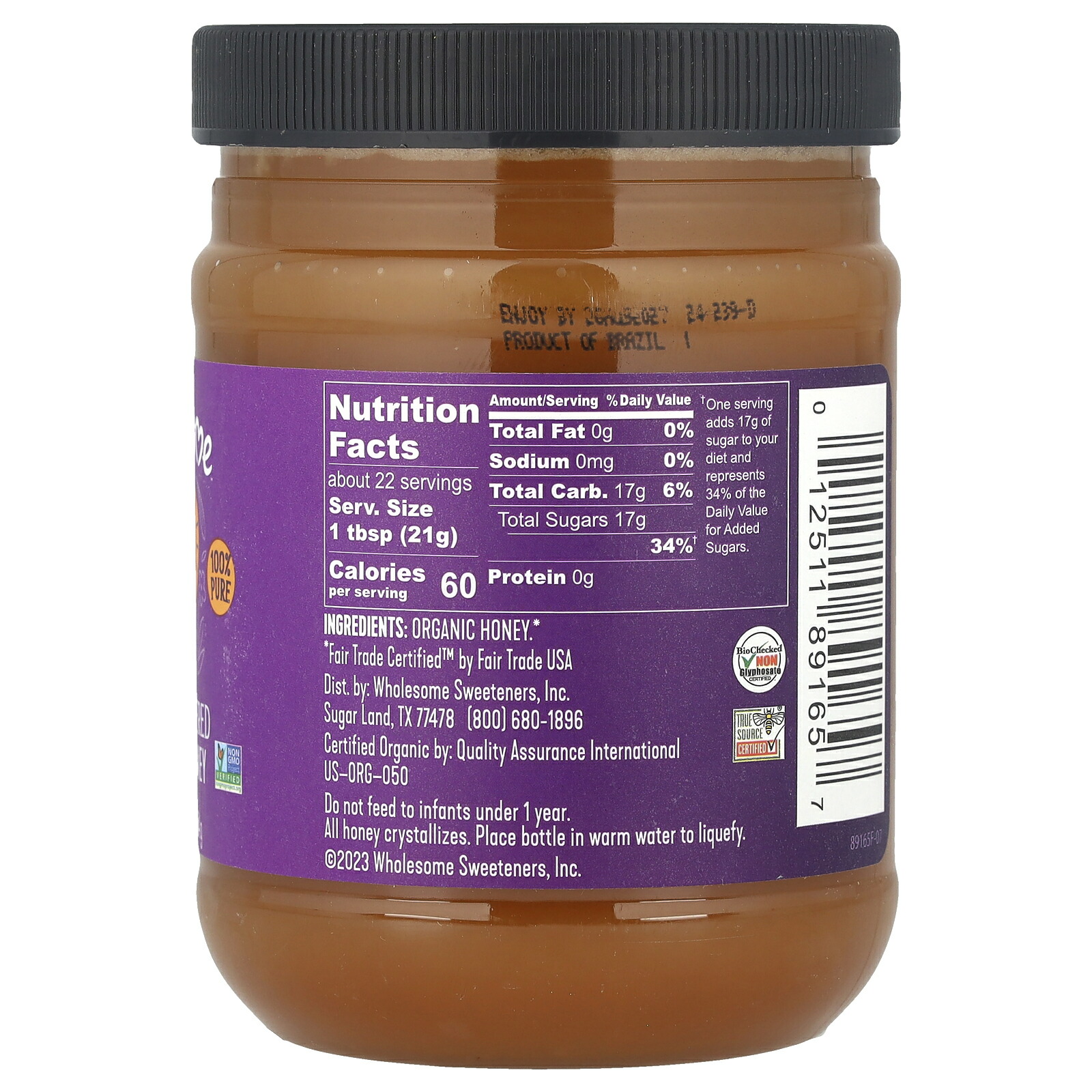 Wholesome Sweeteners 生はちみつ オーガニック 【iHerb アイハーブ 公式】 ホールサム スイートナー 有機 100% ピュア 非加熱 無濾過 ローハニー はちみつ ハチミツ ハニー 蜂蜜 甘味料 無農薬 454g
