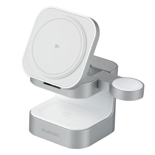 エレコム Qi2 申し受ける器 無線電話 15W 3インチ1 Apple Watch 証明モデュール付き添い人 照明ランプ型 しろがね色 EC-MS09SV