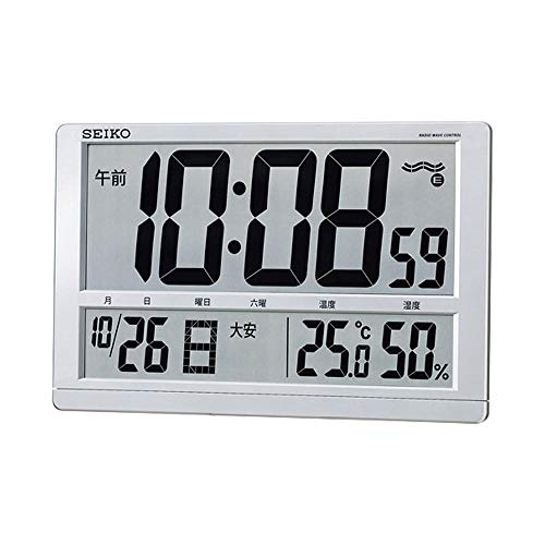 セイコークロック(Seiko Clock) セイコー 時辰儀 掛時計 置き時計 兼用 電磁波 デジタル 暦 六曜 体温 湿度 書きあらわす 大型 しろがね色 メタリック SQ433S SEIKO