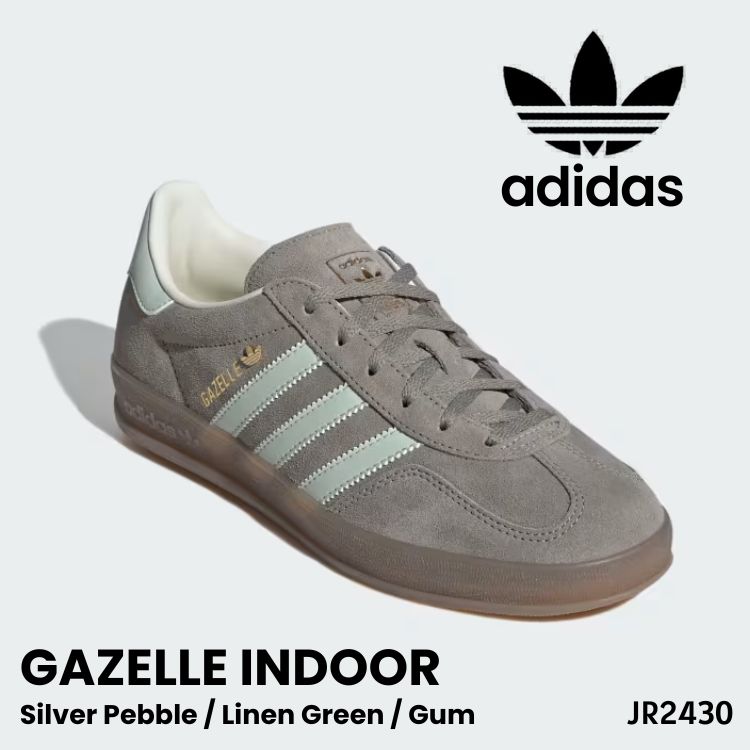 アディダス スニーカー adidas スニーカー レディース Gazelle Indoor JR2430 ガゼル インドア Silver Pebble / Linen Green / Gum シルバーペブル リネングリーン ガム メンズ ウィメンズ レディース シューズ【中古】未使用品｜イイコレ！