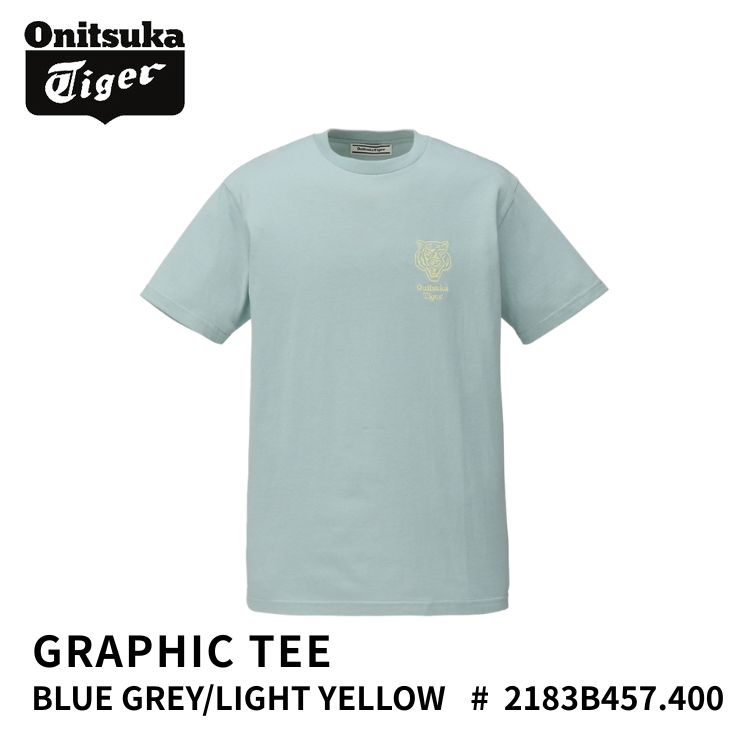 オニツカタイガー Tシャツ Onitsuka Tiger GRAPHIC TEE BLUE GREY/LIGHT YELLOW ブルーグレー ライトイエロー # 2183B457.400|イイコレ!
