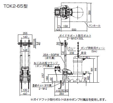 ●ツルミポンプ【TOK2-65】汚物用 水中ハイスピンポンプ 小型ポンプ用樹脂製着脱装置TOK型〔GA〕