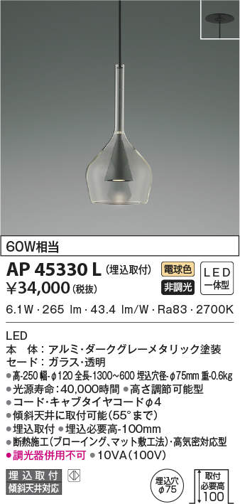 SALE／57%OFF】 βコイズミ 照明ペンダントライト LED一体型 非調光 電球色 60W相当 埋込取付 ガラス 透明 ダークグレーメタリック  pepoboeri.cl