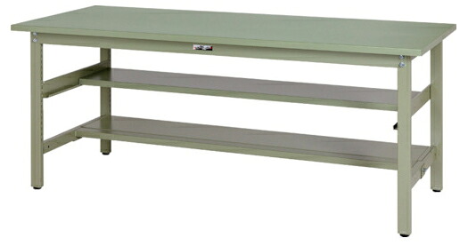 ●u.ヤマキン/山金工業【SWS-975TS1-GG】ワークテーブル 300シリーズ 固定式 中間棚 H740mm スチール天板 グリーン 組立式
