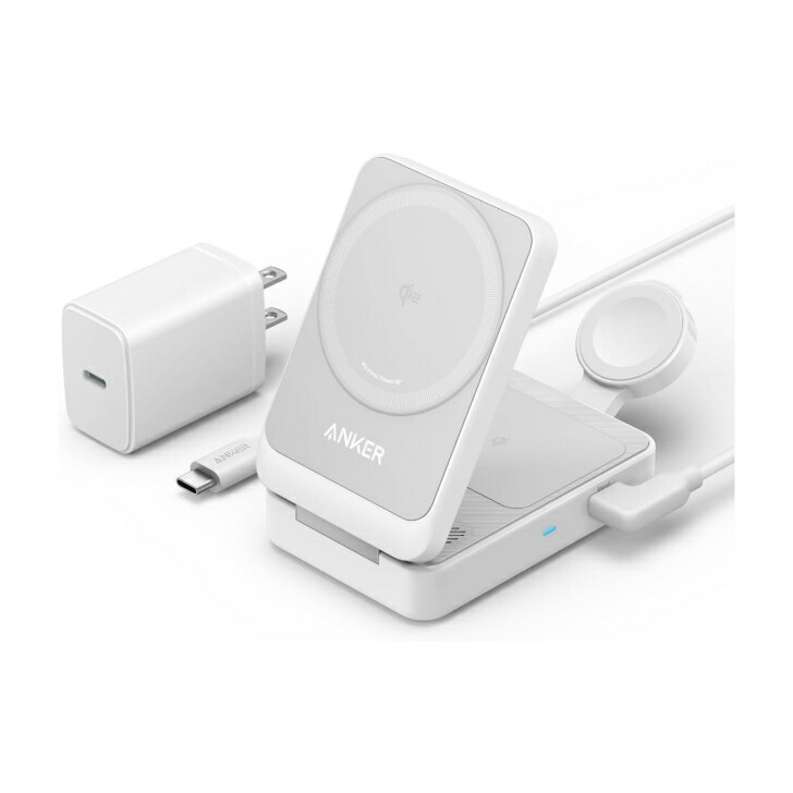 \先着100名様限定! 5%OFFクーポン有/Anker MagGo Wireless Charging Station (Foldable 3-in-1) ホワイト Qi2対応 マグネット式 3-in-1 ワイヤレス充電器 15W急速充電 iPhone 16 15 14 Apple Watch AirPods 同時充電 折りたたみ式 アンカー B2557 X0015MUIN1 B0CM61GJFN