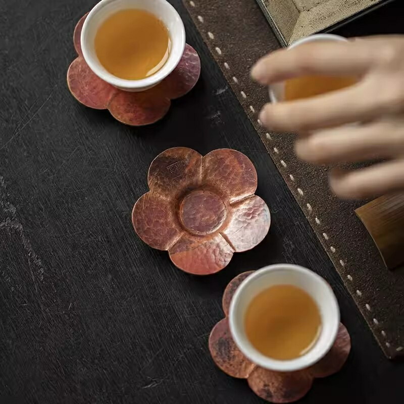 茶具 紫銅製 茶托 3点セット お茶 茶道 茶器 花形 プレゼント トレイ トレー 茶承 茶盆 贈り物 旅行セット 敬老の日