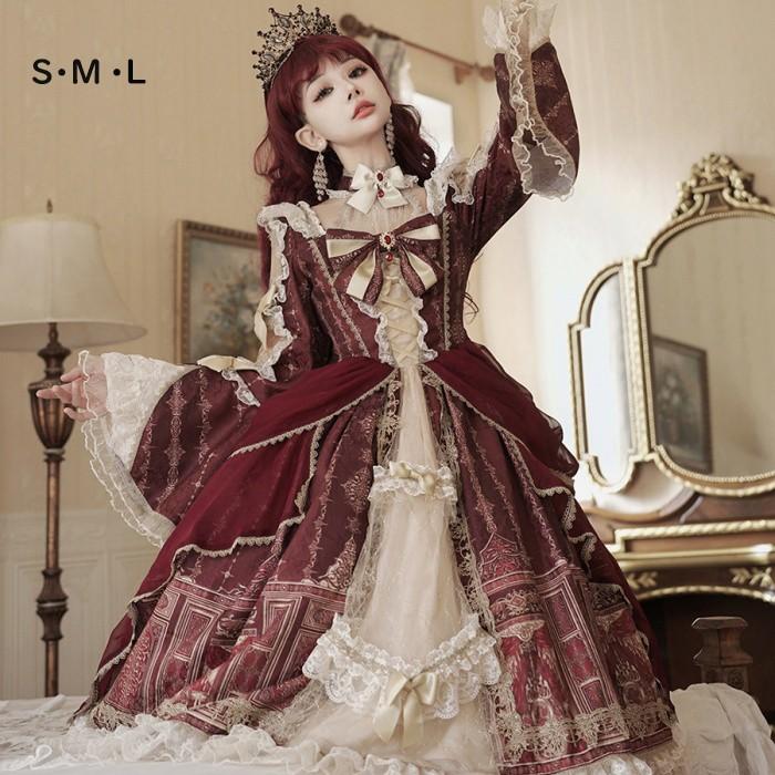 ロリータ 可愛い 萌え萌え リボン ワンピース ロング丈 レディース コスチューム お嬢様 パーティー 仮装 演出 ステージ 学園祭 文化祭 イベント レッド S M L