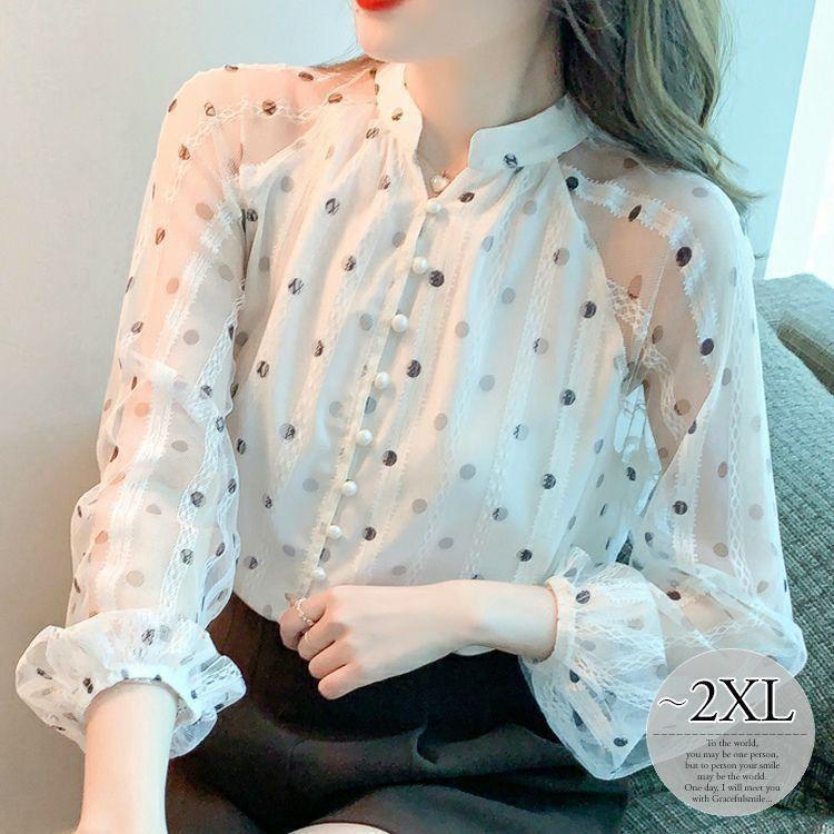 トップ プルオーバー トップス レディース 点点 水玉 成年者可愛らしい 肌見せ キュート 女子らしい 白いこと ブラッ 馬鹿でかい大きさ 名取り草 縦伝達ルート 透け感 カクテルドレスルー