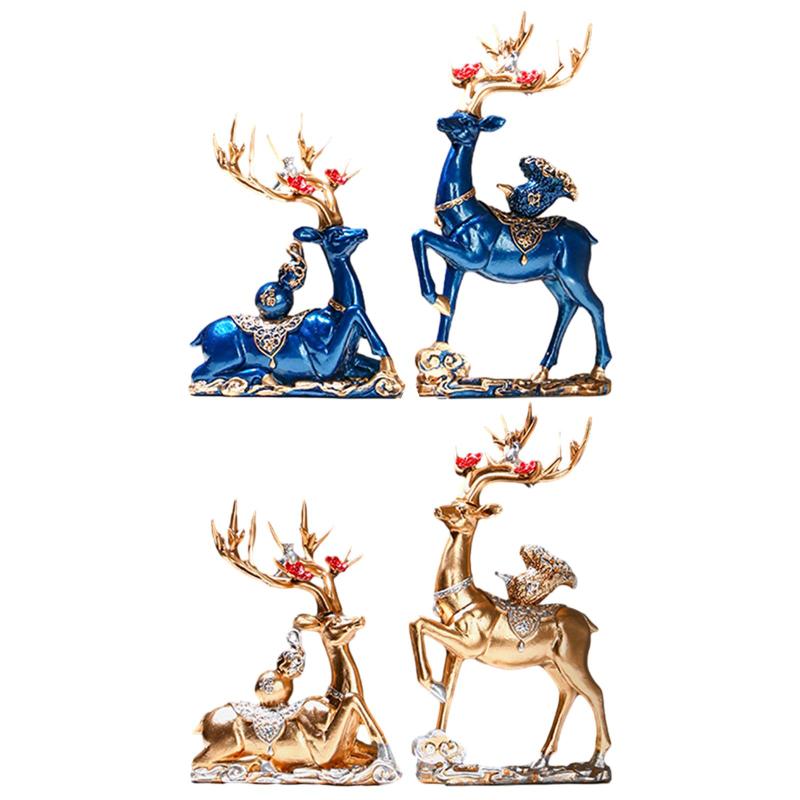 2 個トナカイ彫刻ヘラジカ樹脂像アート装飾コレクション動物フィギュア鹿カップル置物暖炉卓上