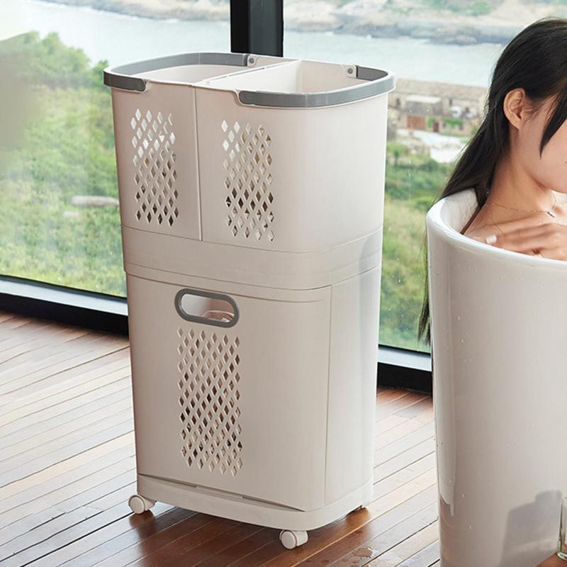 ランドリーバスケットオーガナイザートロリー 3つのコンパートメント 取り外し可能なバスケット付き 安定感があり省スペース 車輪付き 寝室 ランドリールーム 家庭用 37cmx24.5cmx