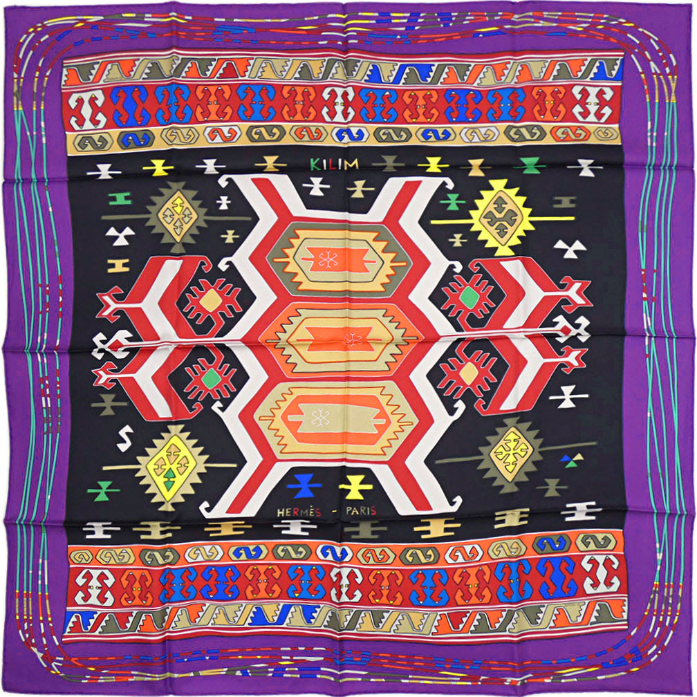 新品 エルメス スカーフ HERMES ソルド カレ90 ツイル シルク100％ カレ 90CMS KILIM バイオレット パープル カーボンブラック 紫 黒 261023