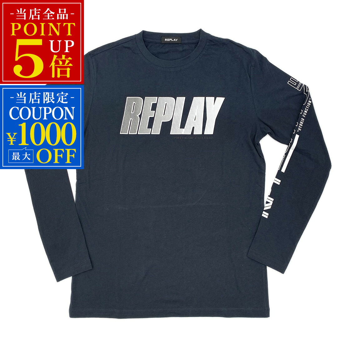新品 リプレイ Tシャツ M3492 REPLAY メンズ 長袖 丸首 ロゴ RPY EIGHTY ONE プリント ロングスリーブ ネイビー Lサイズ 05013 アウトレット