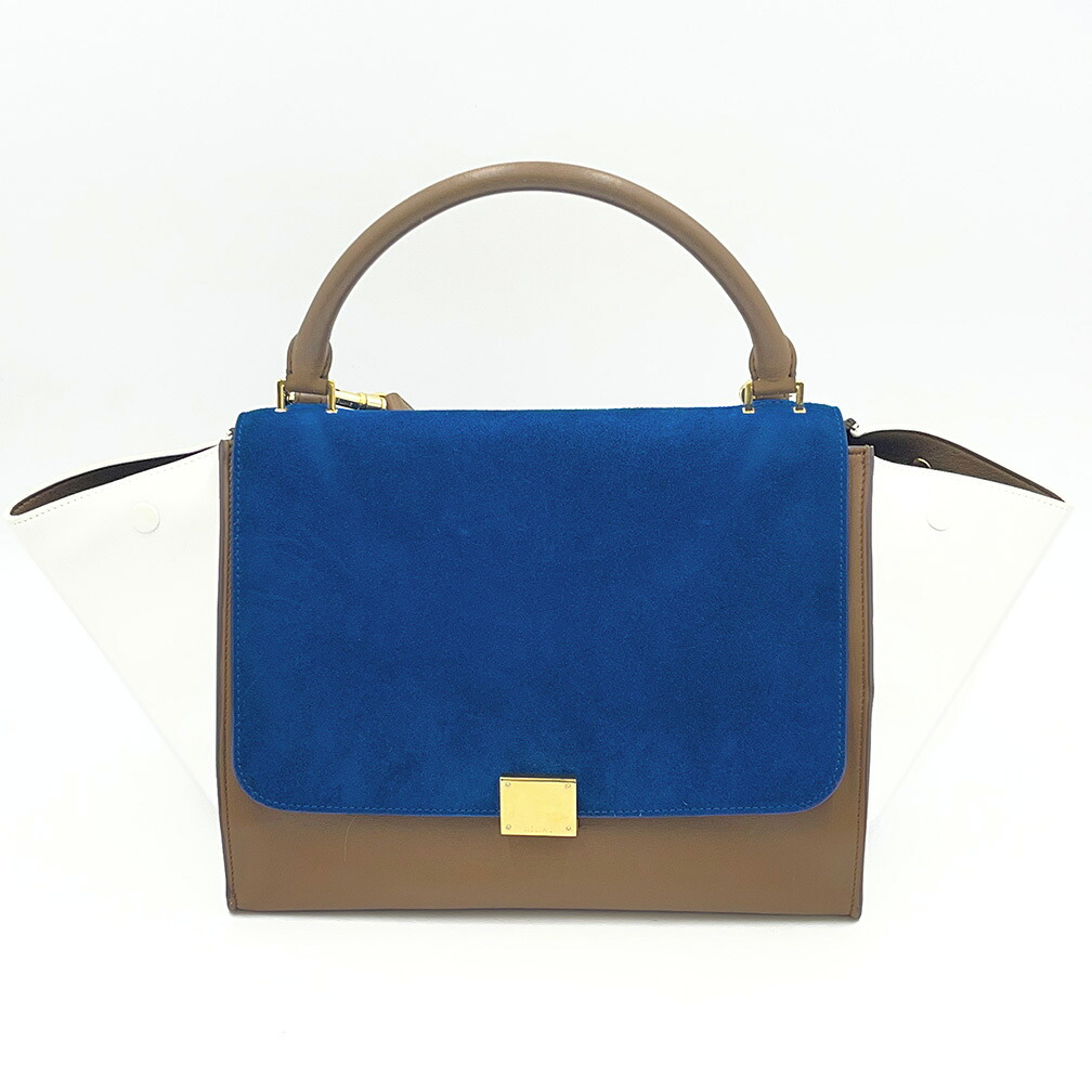 中古 ハンドバッグ セリーヌ CELINE レディース ショルダーバッグ 肩掛け トラペーズ ミディアム レザー スウェード ブルー 青 ブラウン ホワイト 2WAY バッグ ブランド 37,700円