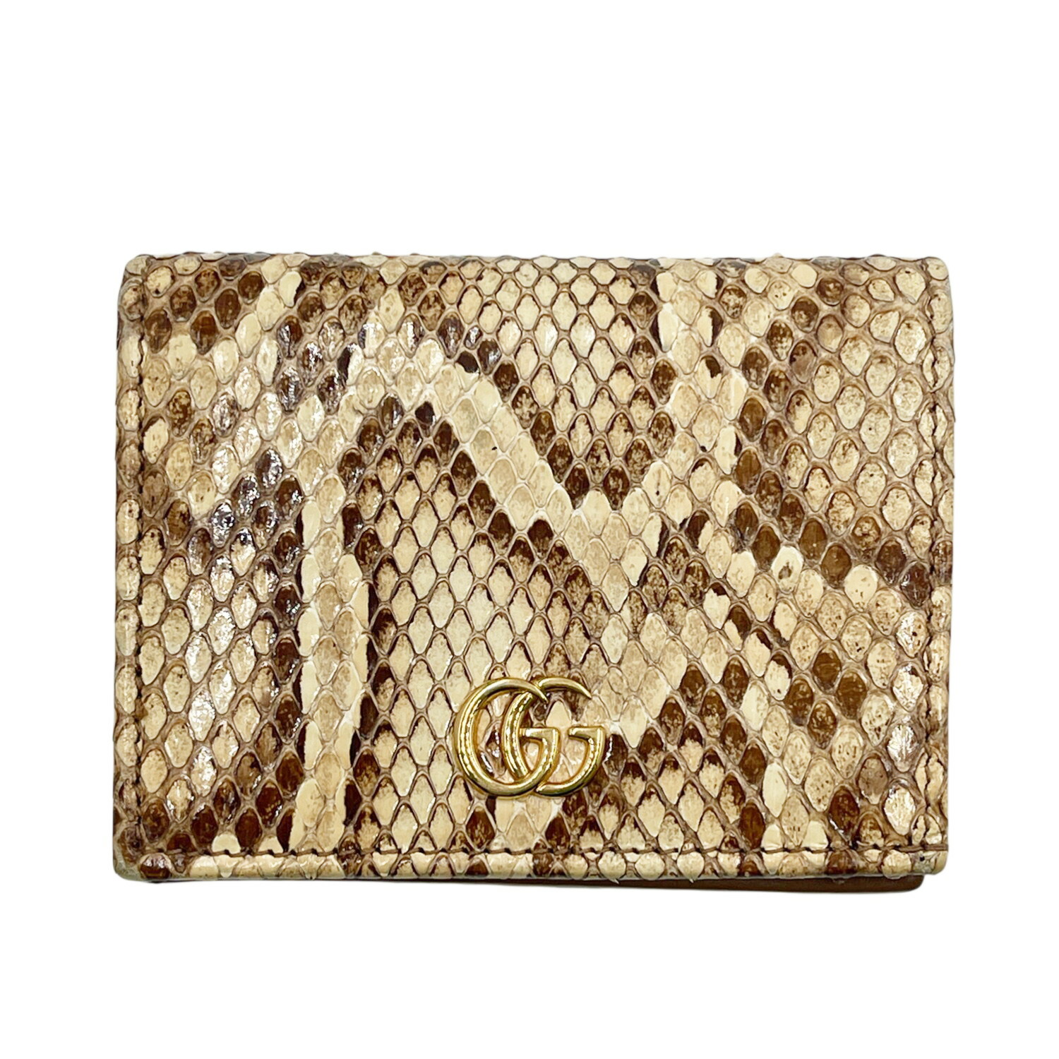 中古 二つ折り紙入れ グッチ GUCCI レディース ミニ パウダーコンパクト 小さめ 456126 GGマーモント 毛の荒物柄 パイソン ベージュ 赤銅色 ブランド名