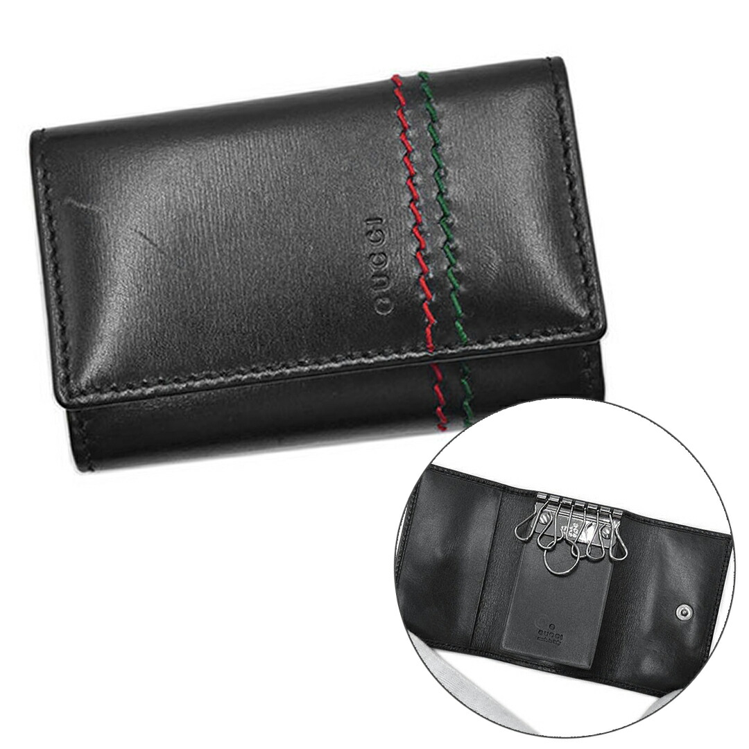 中古 グッチ キーケース GUCCI レザー 6連 キーフック ロゴ 黒 ブラック メンズ シルバー金具 138052 OJ10631